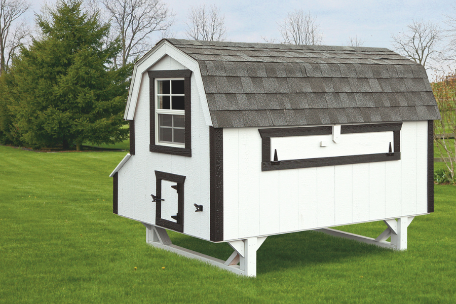 white dutch chicken coops for sale in Huntington WV with black trim and shingle roof