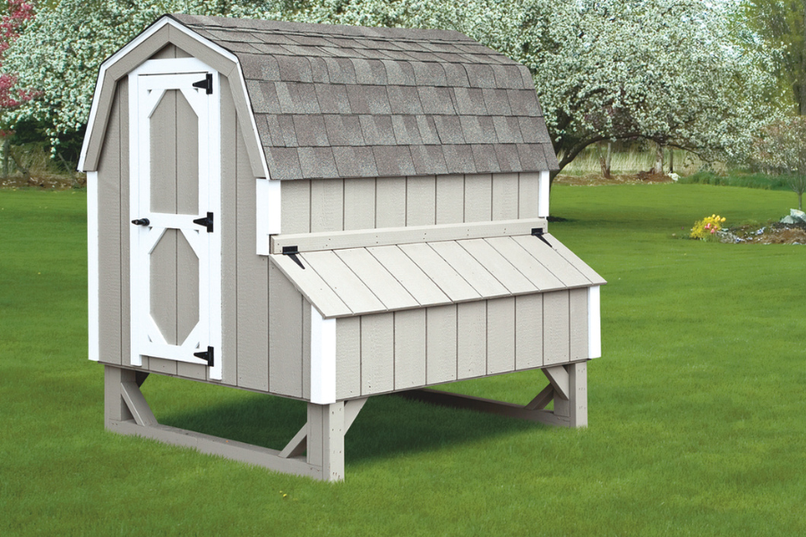 gray dutch chicken coops for sale in Morgantown WV with white trim and curved shingle roof