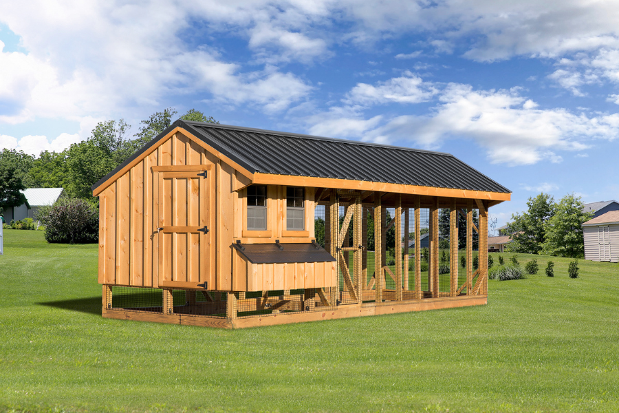 wooden combination chicken coops for sale in Morgantown WV with black metal roof and an attached run