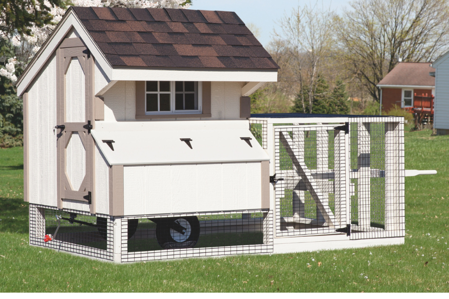 white and tan trimmed quaker chicken coop