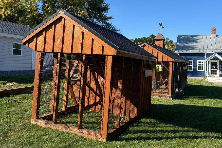 6x10 cedar combination coop with black metal roofing and attached run in Pittsfield ME