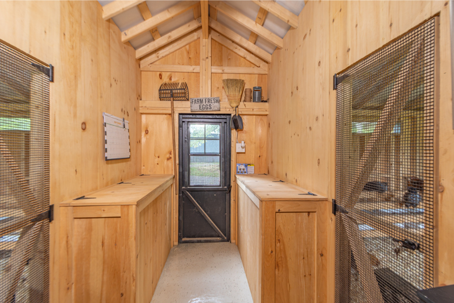 6 ft extra feed room with cabinet storage inside 12x50 custom chicken coop