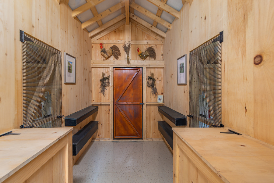 shelving and decor inside 12x50 custom chicken coop
