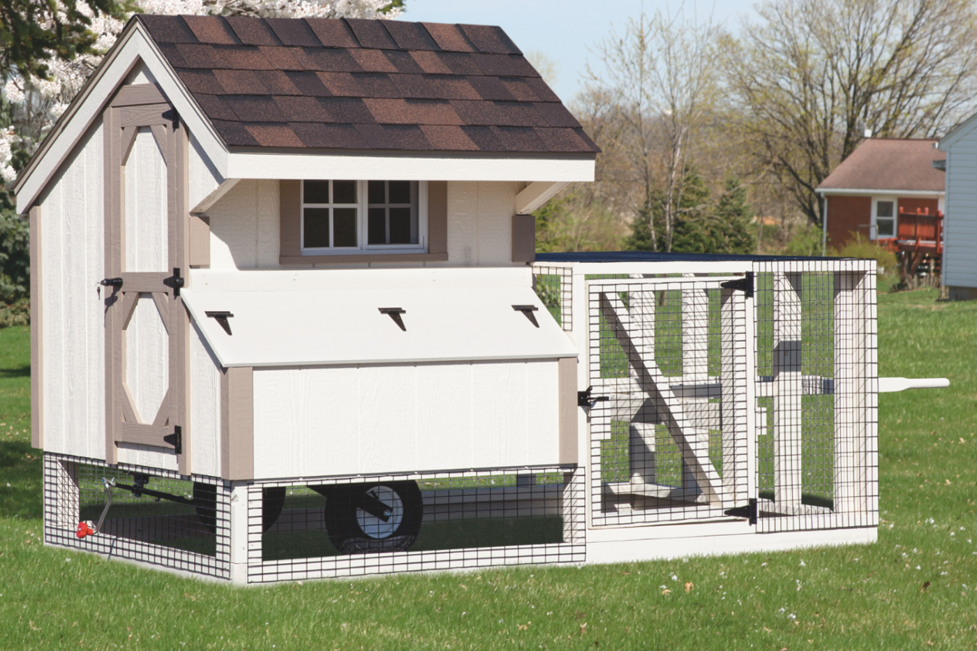white tractor chicken coop in maine