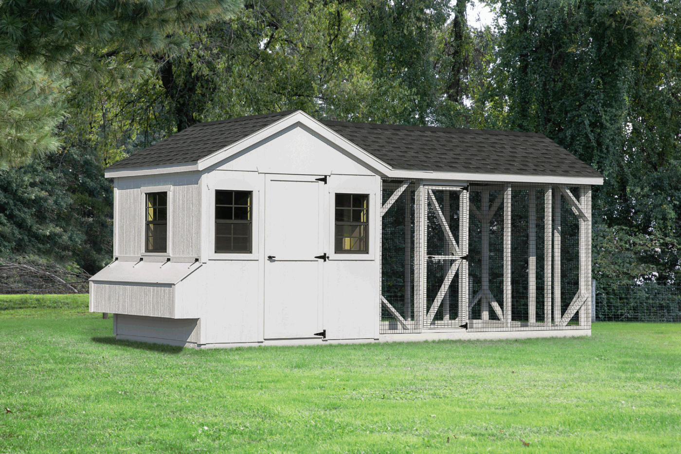 white combination coop for backyard chickens in north carolina