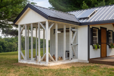 view of side of white and black chicken coop's outdoor run with chickens inside and solar panel on black metal roof