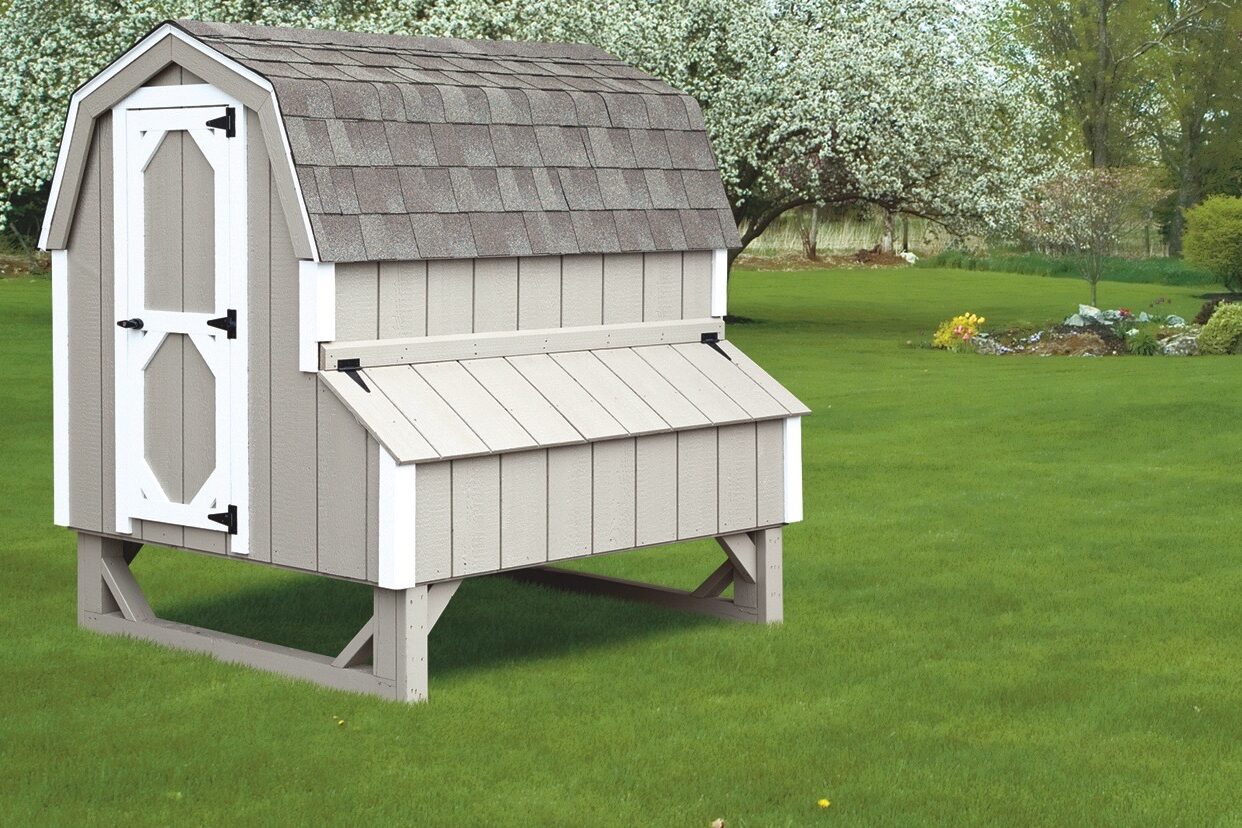 light gray dutch style chicken coops in Kansas with white trim
