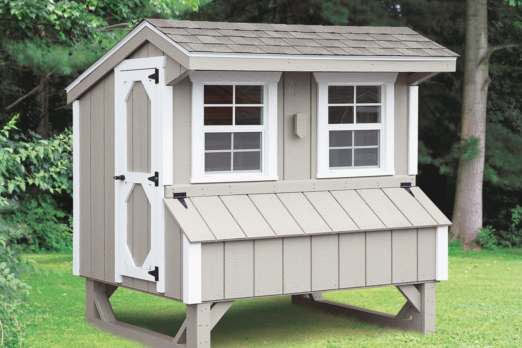 light gray quaker coops for sale in Overland Park KS with white trim and two front windows