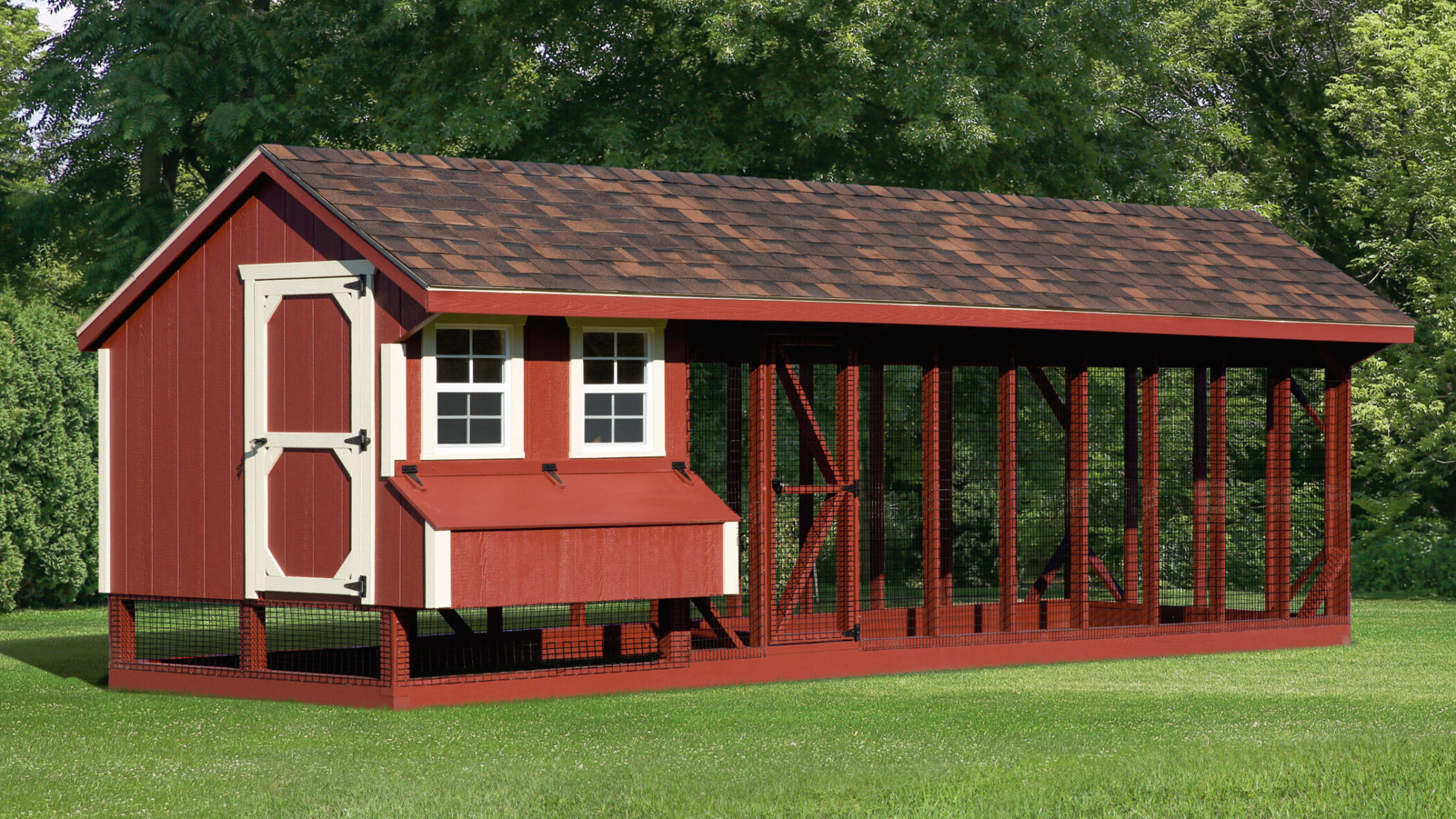 red and white trimmed combination chicken coops for sale in Columbia SC with outdoor run