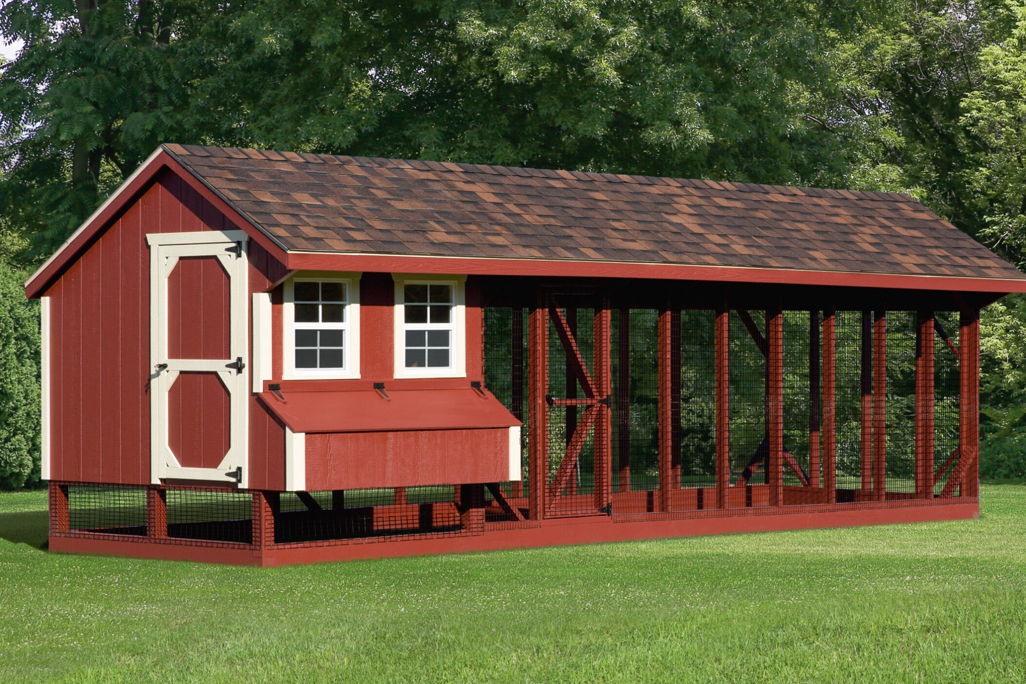 red and white trimmed combination chicken coops for sale in Raleigh NC with an outdoor run