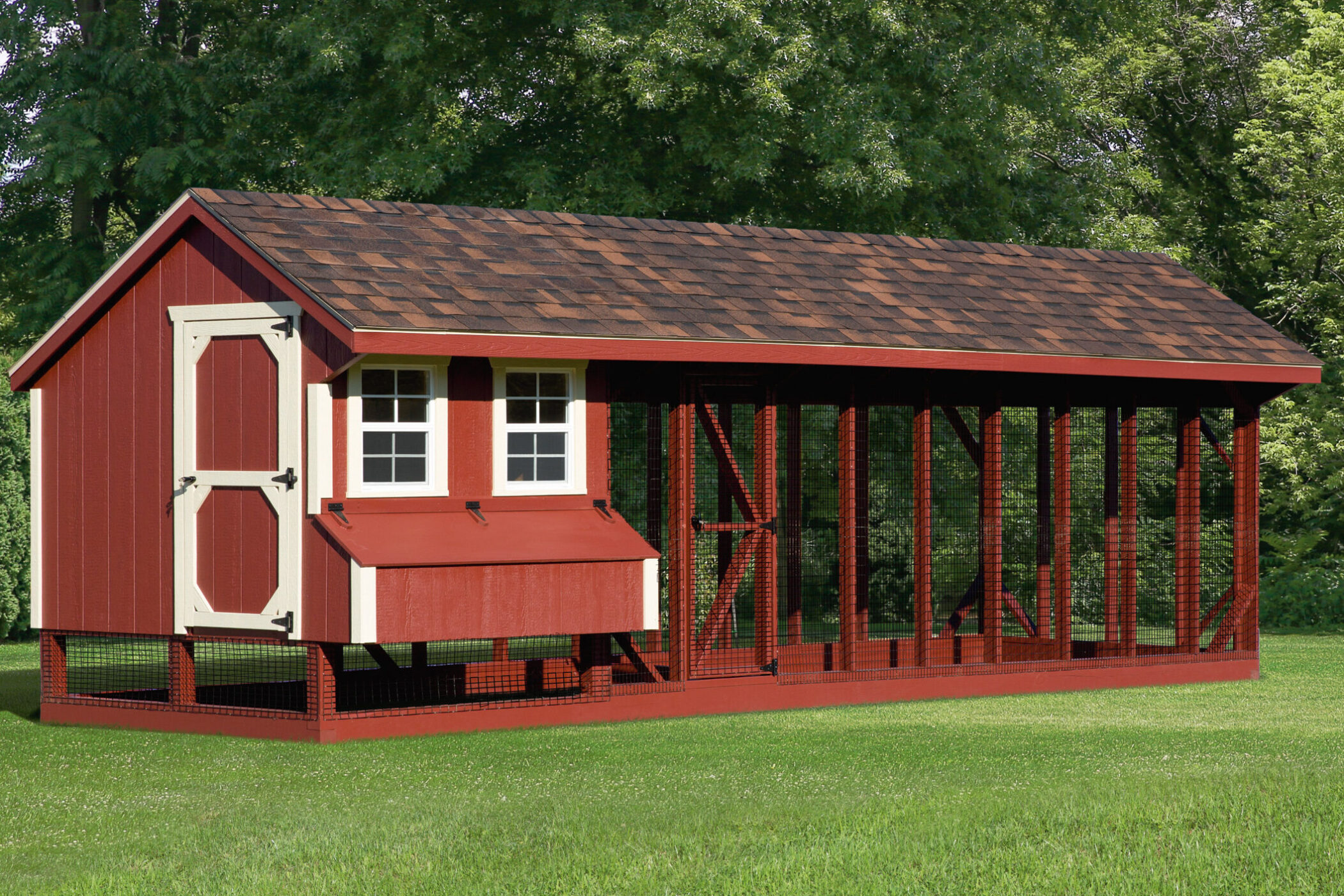 red and white trimmed combination chicken coops in West Virginia
