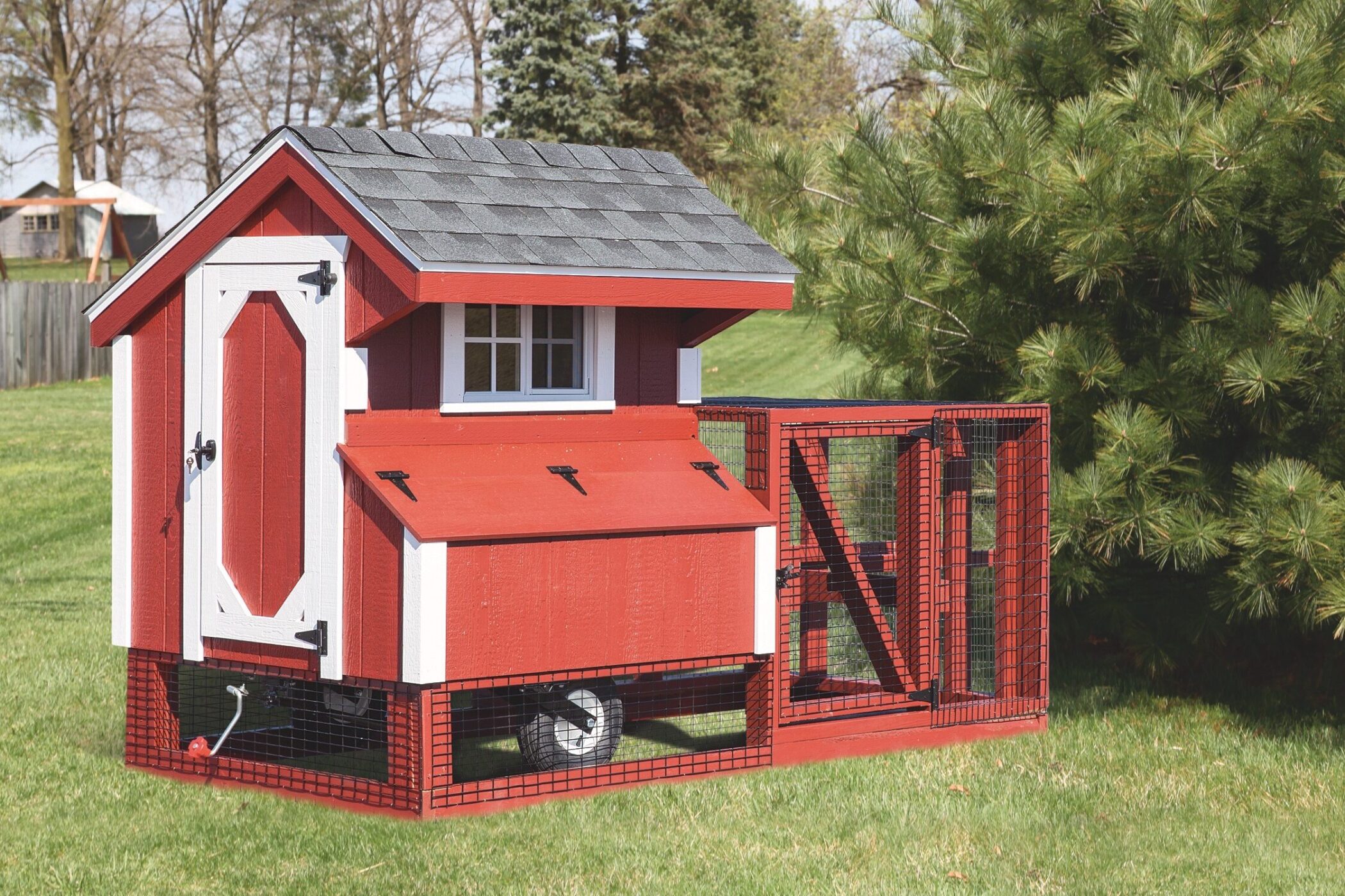 red and white trimmed tractor chicken coops for sale in Wichita KS