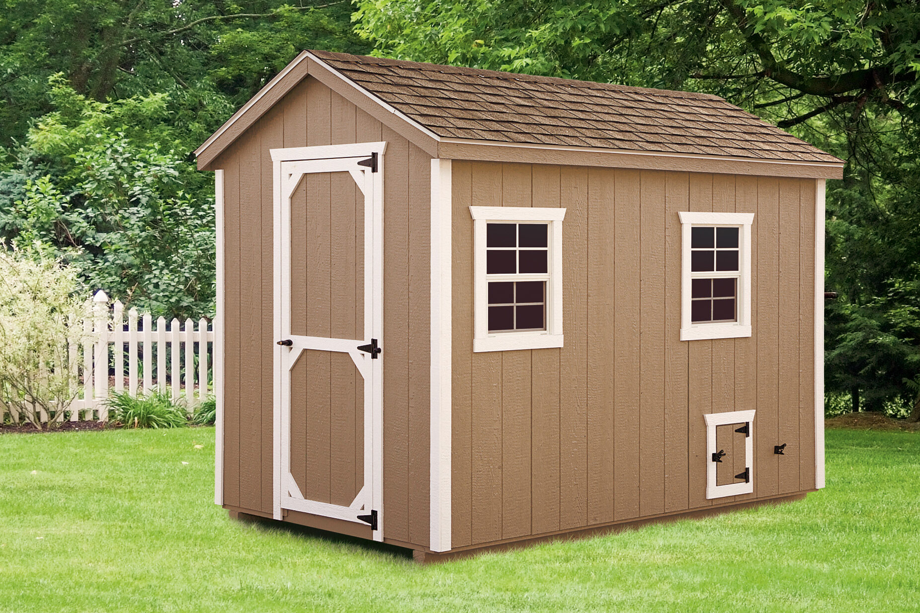 tan A frame chicken coops in Lisbon MD with white trim
