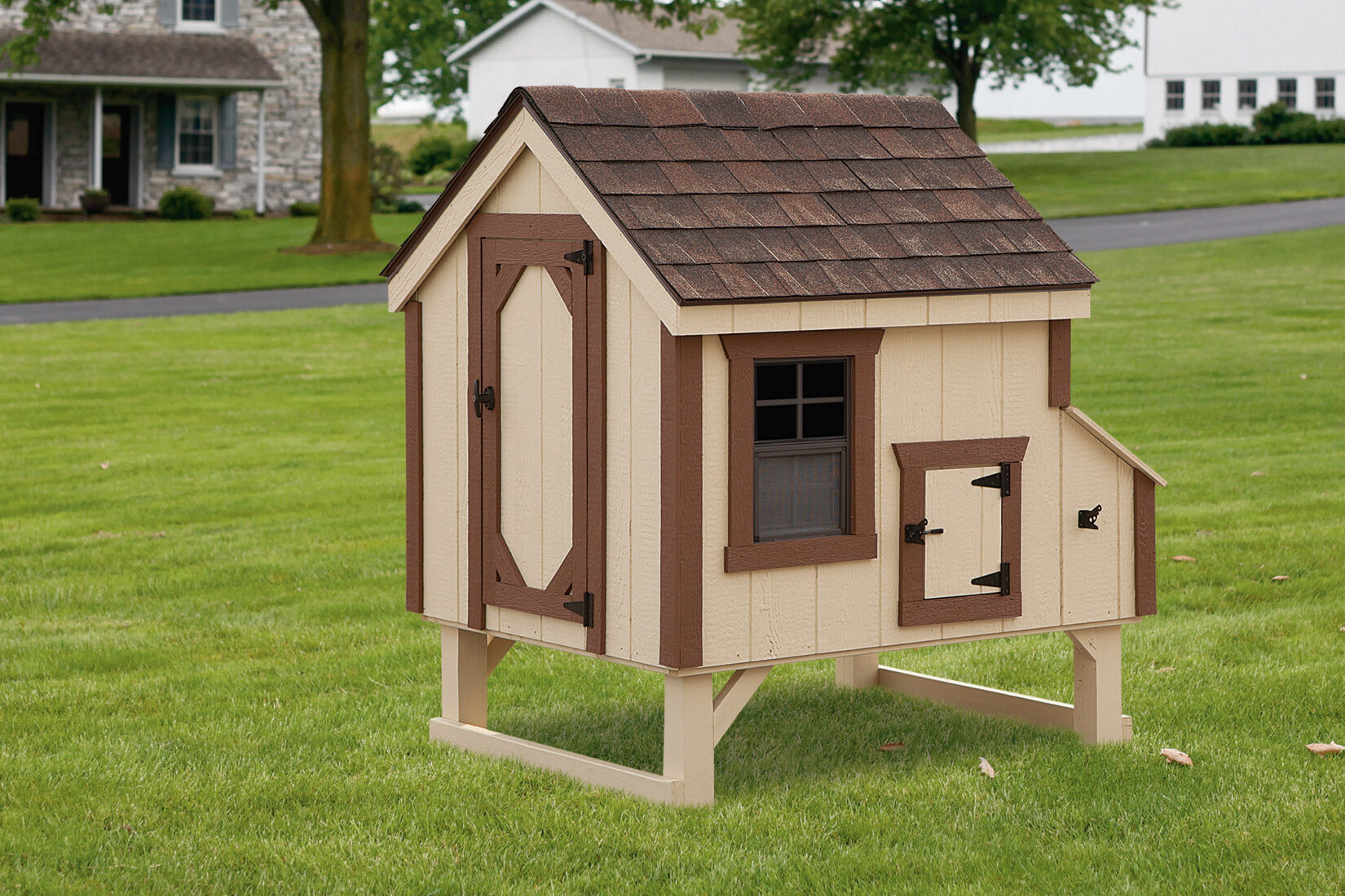 tan a frame chicken coops in Kentucky with dark brown trim