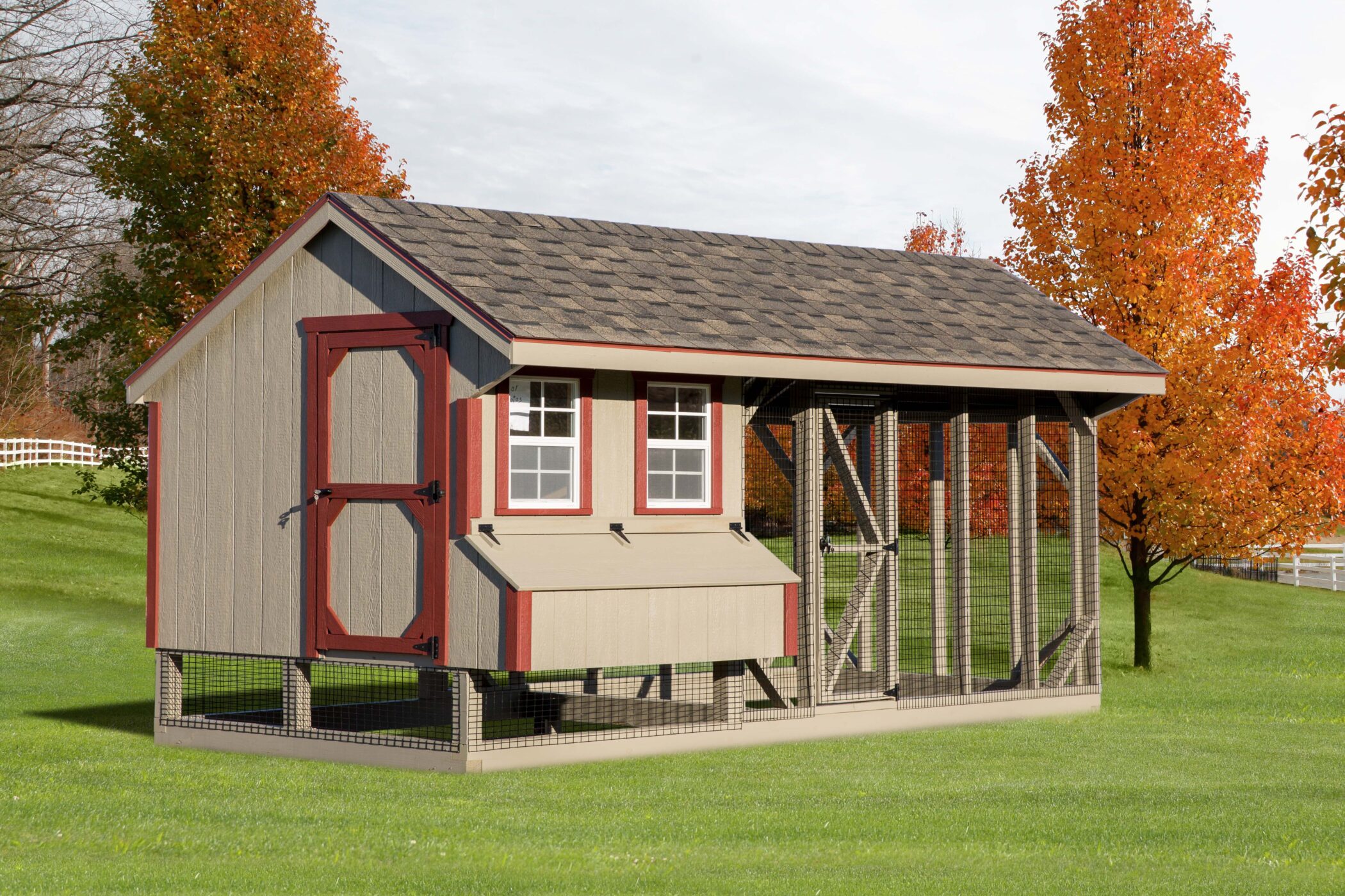 tan and red trimmed combination chicken coops for sale in Columbia MD with two windows an egg collection box side door and outdoor run