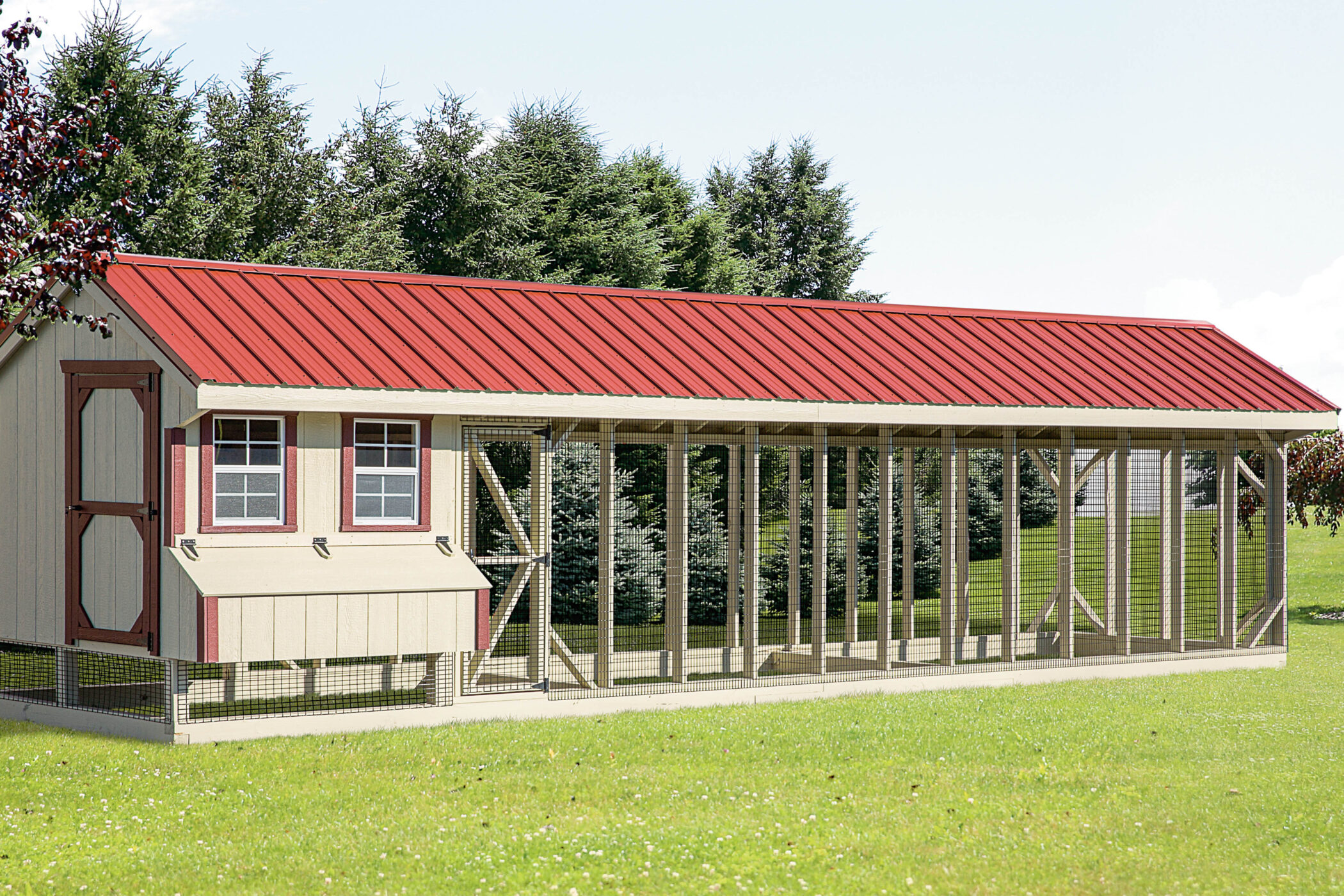 tan chicken coops in Maryland with red metal roof and red trim featuring egg collection box under two windows with red trim and multiple outdoor runs