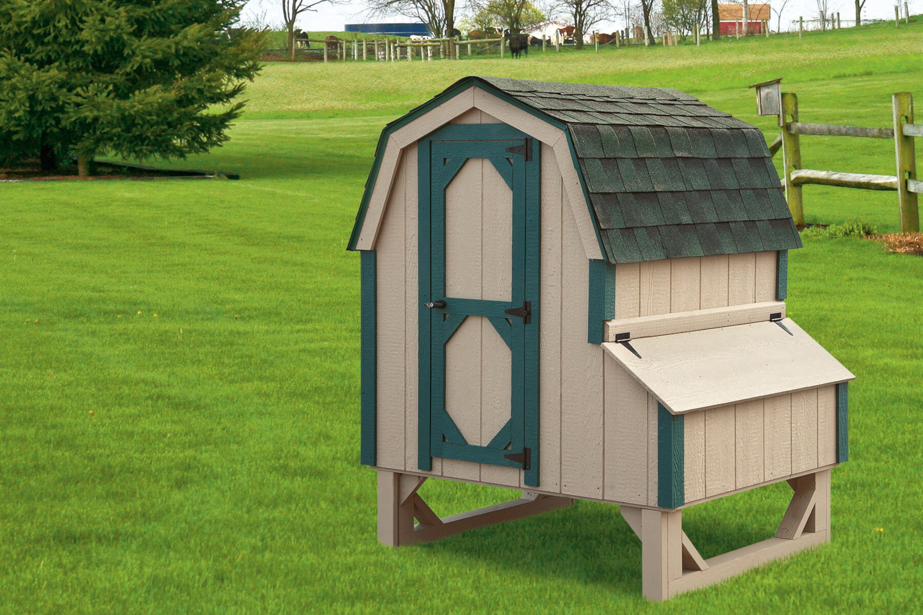 tan dutch chicken coop with green trim