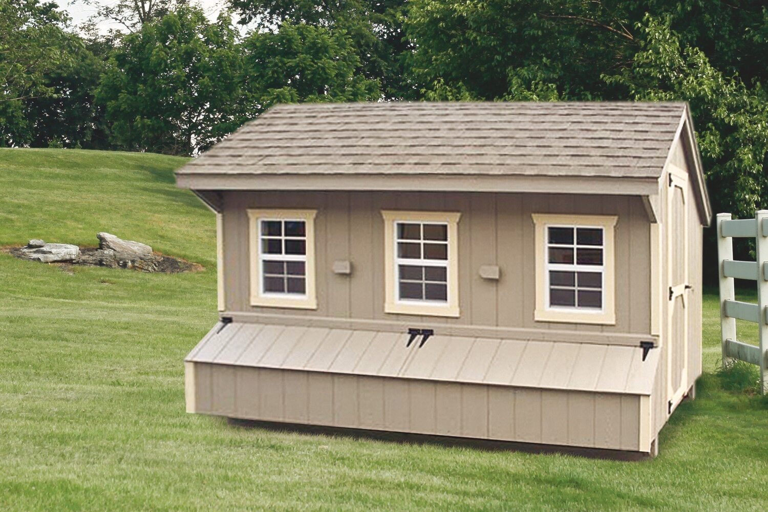 tan quaker style chicken coops for sale in Wichita KS with three front windows