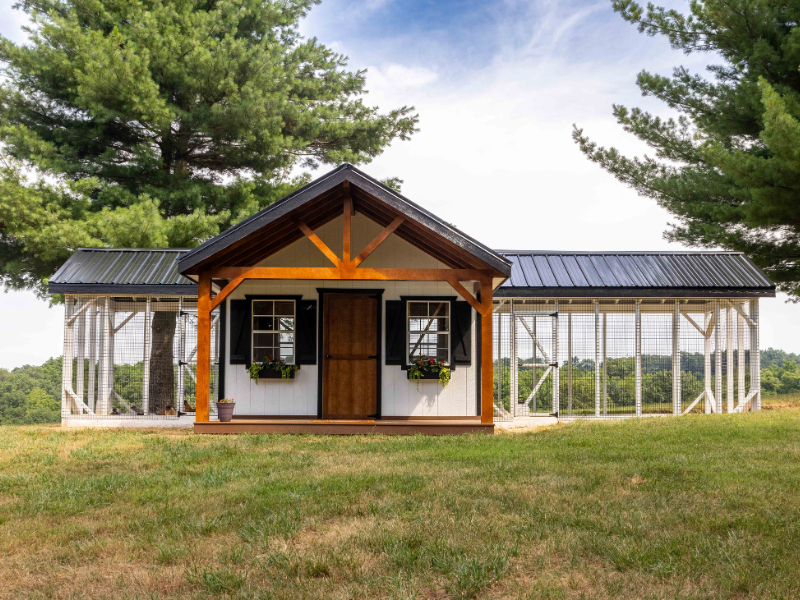 white combination coop in York County with front porch and two outdoor runs on either side and a black metal roof
