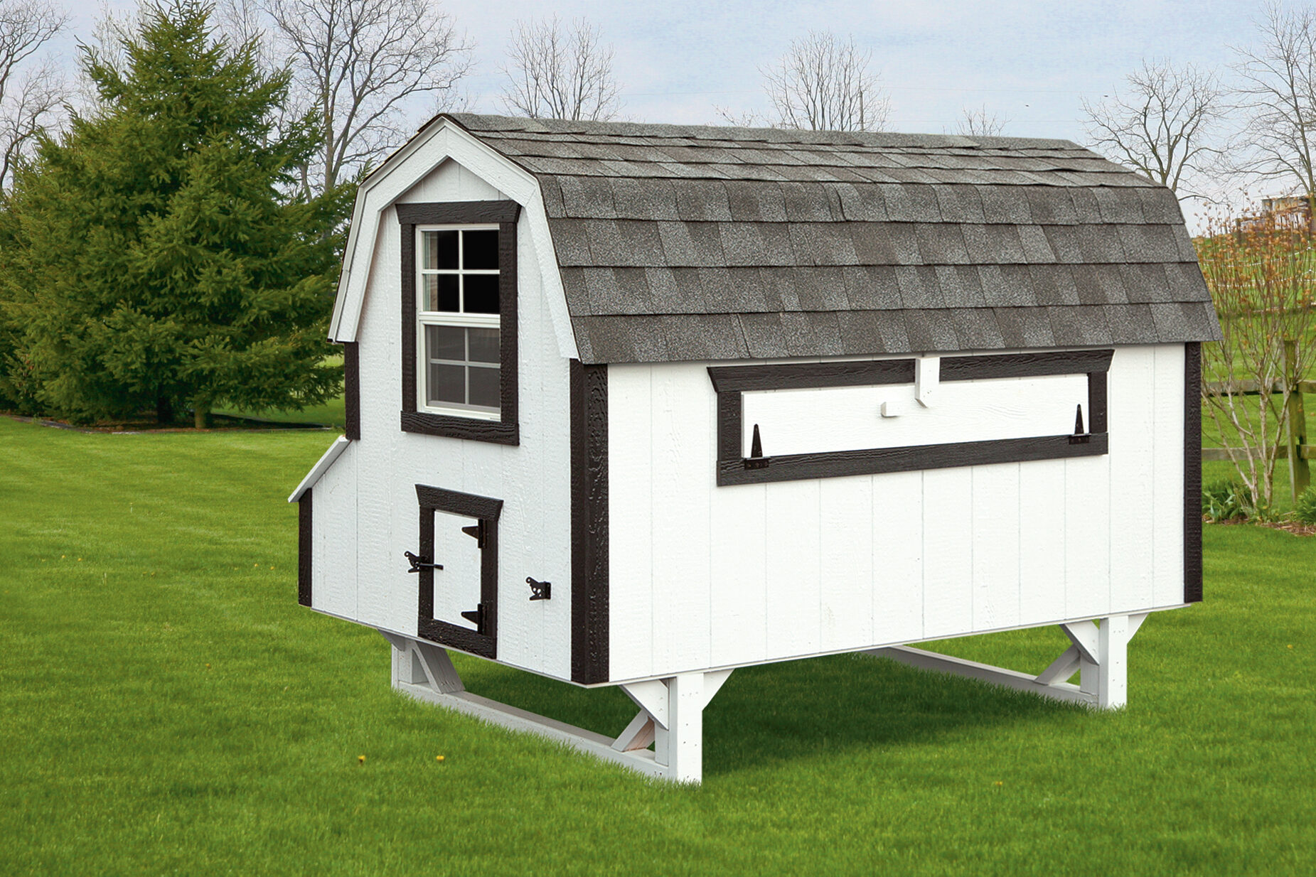 white dutch chicken coops in Kentucky with black trim and curved shingle roof