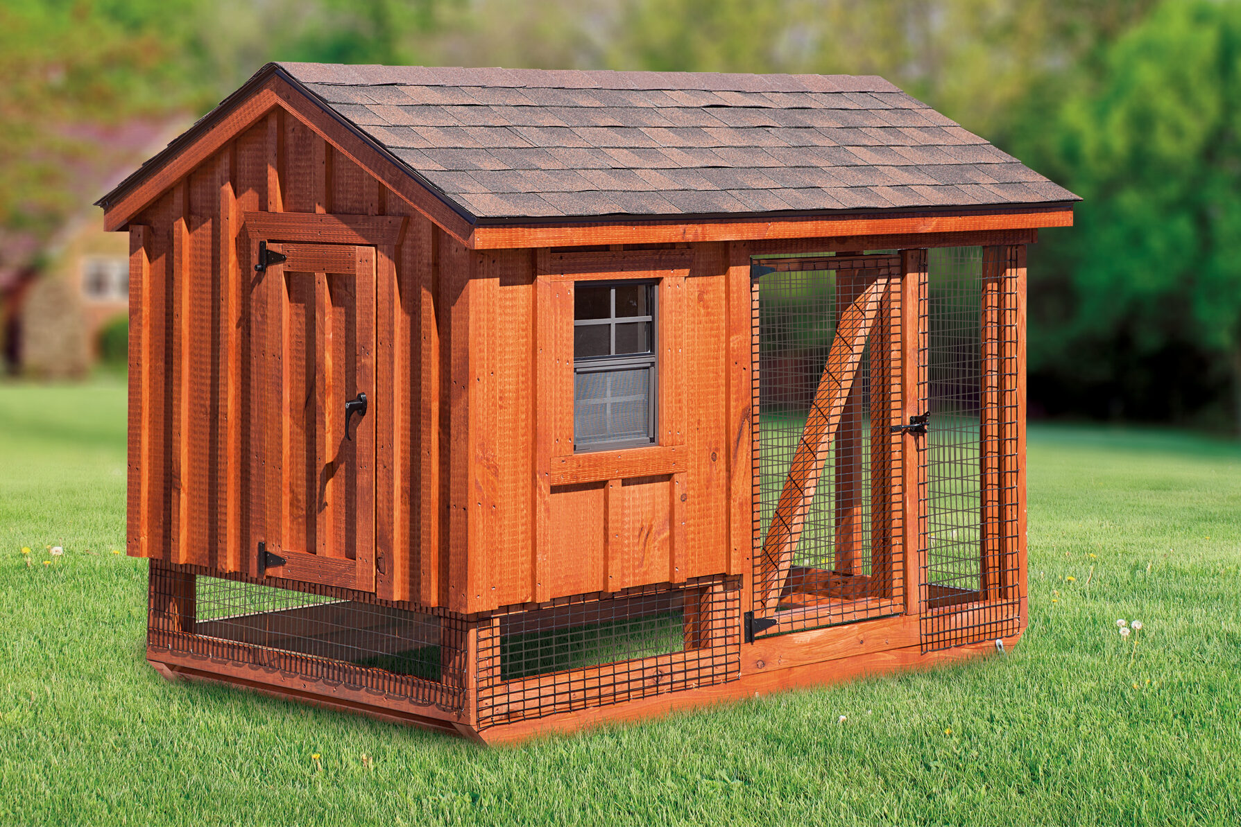 wooden A frame coop with wide door one window and outdoor run in grass