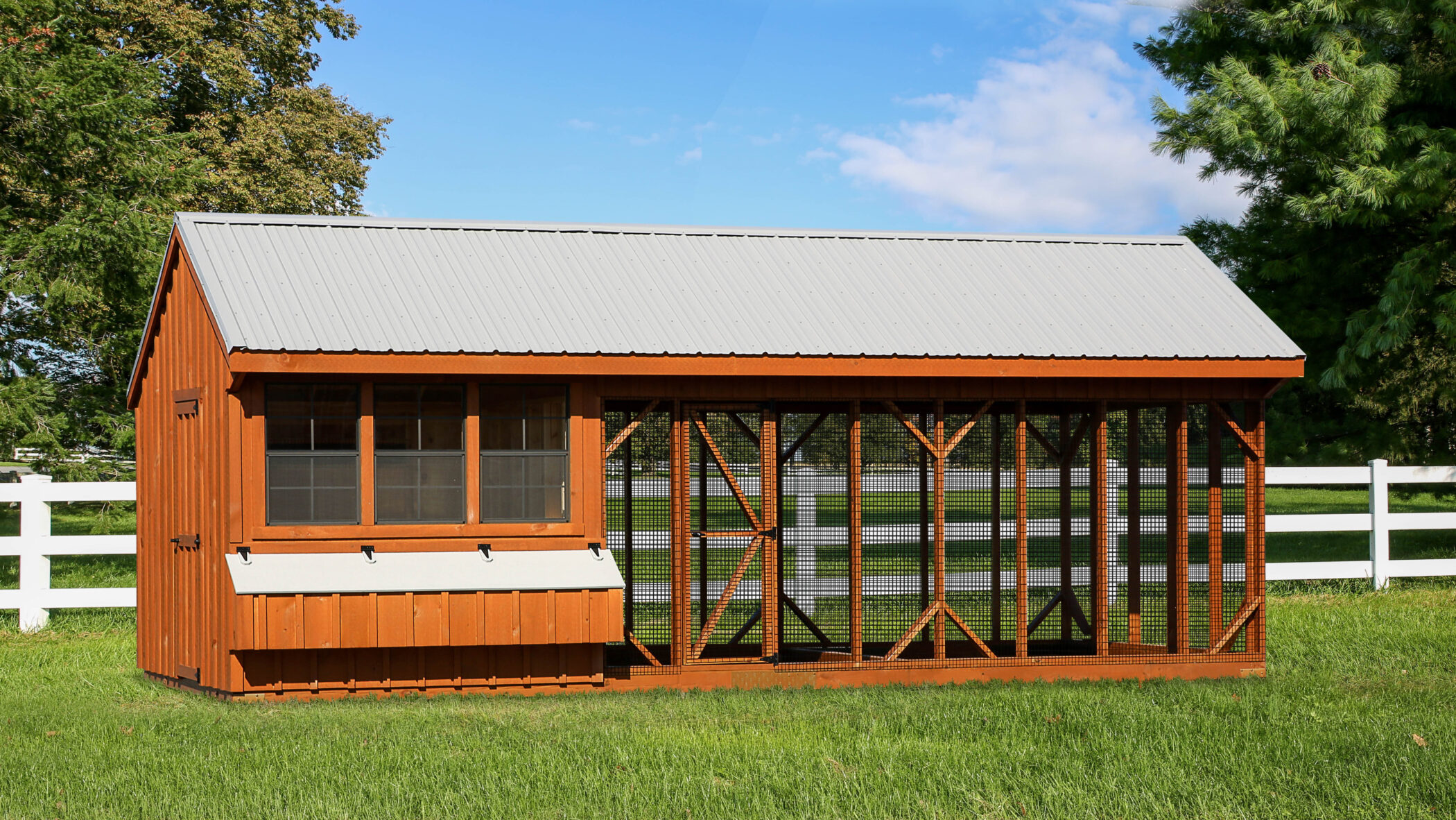 wooden combination chicken coops for sale in Mount Pleasant SC with white trim and metal roof