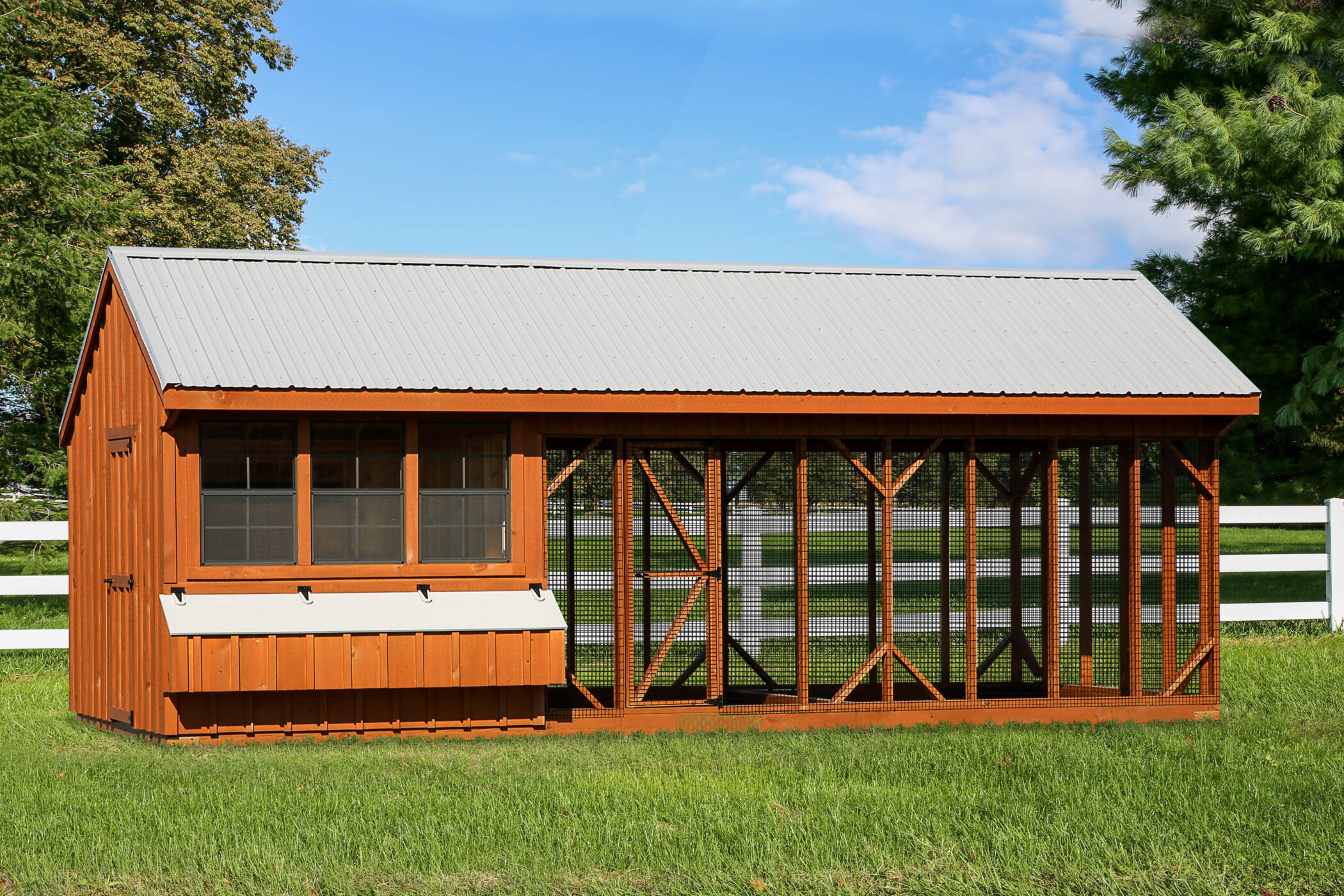 wooden combination chicken coops for sale in Mount Pleasant SC with white trim and metal roof