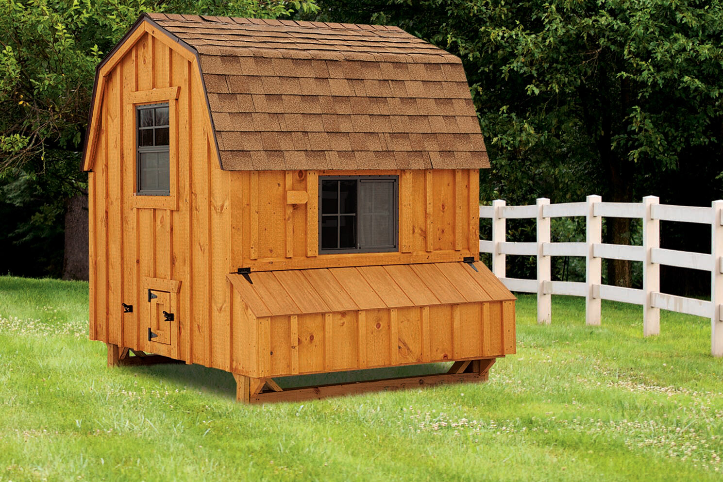 wooden dutch style coop in grass by fence